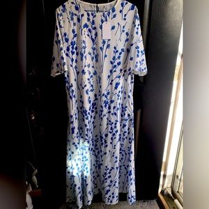 Blue floral *new* floor length prairie-esque dress, size small